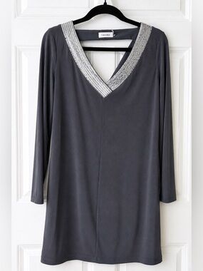 Calvin Klein Silver Beaded Open Back Cocktail Dress Size 8 Holiday Party Evening